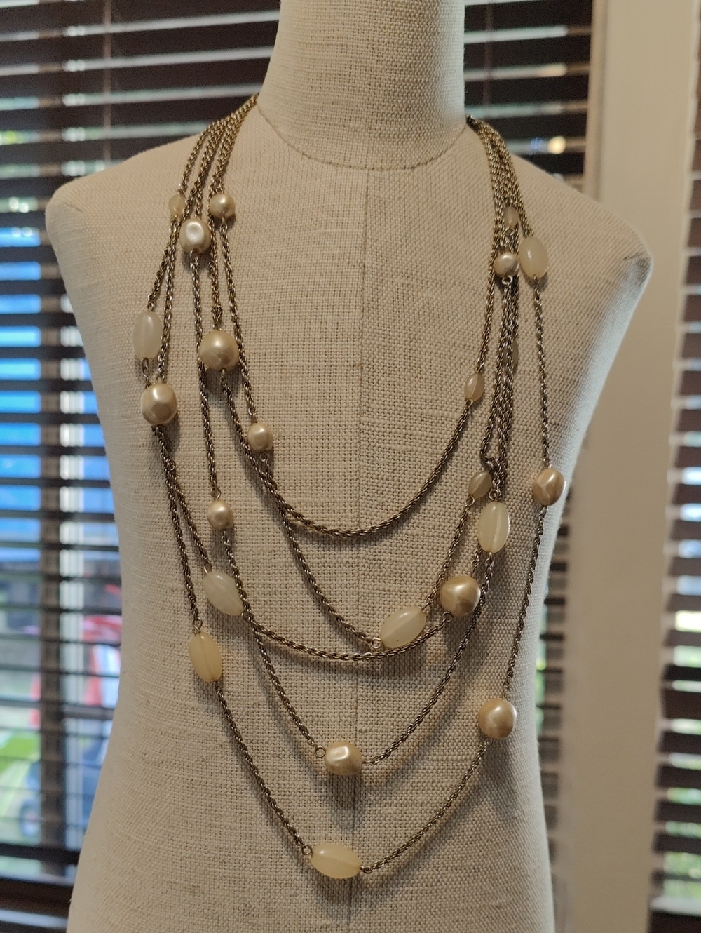 Multi-Strand Cream Bead & Gold-Tone Chain Necklace